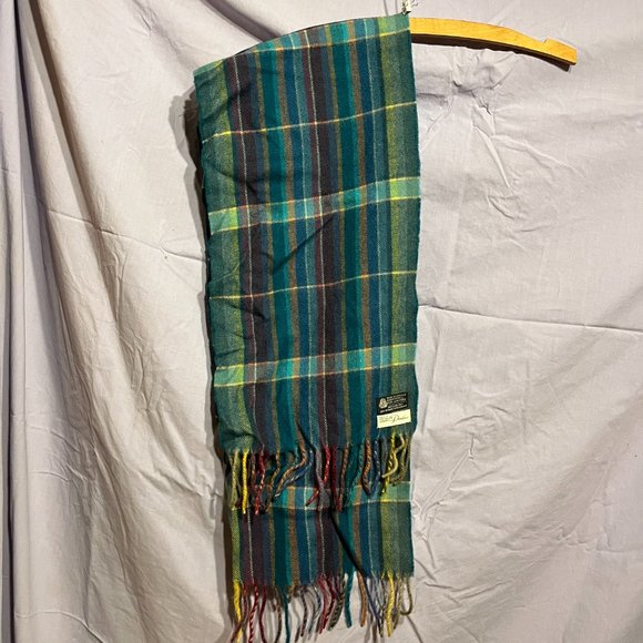 West Germany "The Denver" 100% Wool Turquoise Plaid Scarf 46" long EUC - Picture 2 of 7